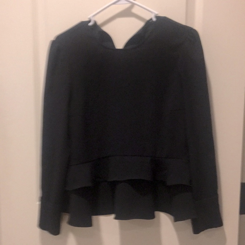 Zara ruffle hem long sleeve black top blouse keyhole back women’s size M